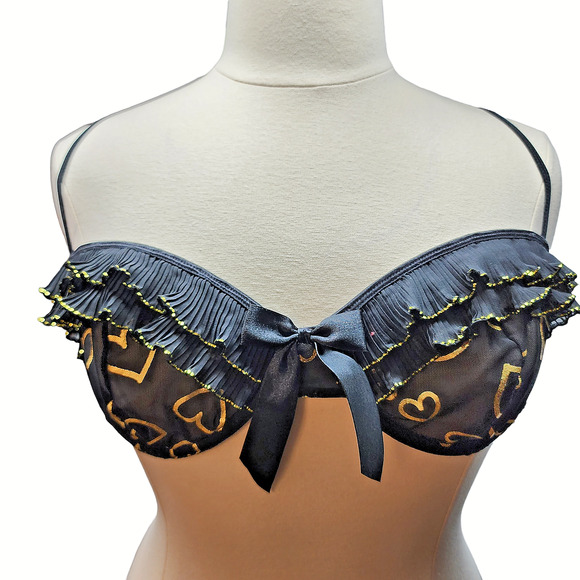 Dreamgirl Other - DreamGirl Bra XL Black Sheer Lingerie Metallic Gold Hearts Ruffle Trim Bow Sexy